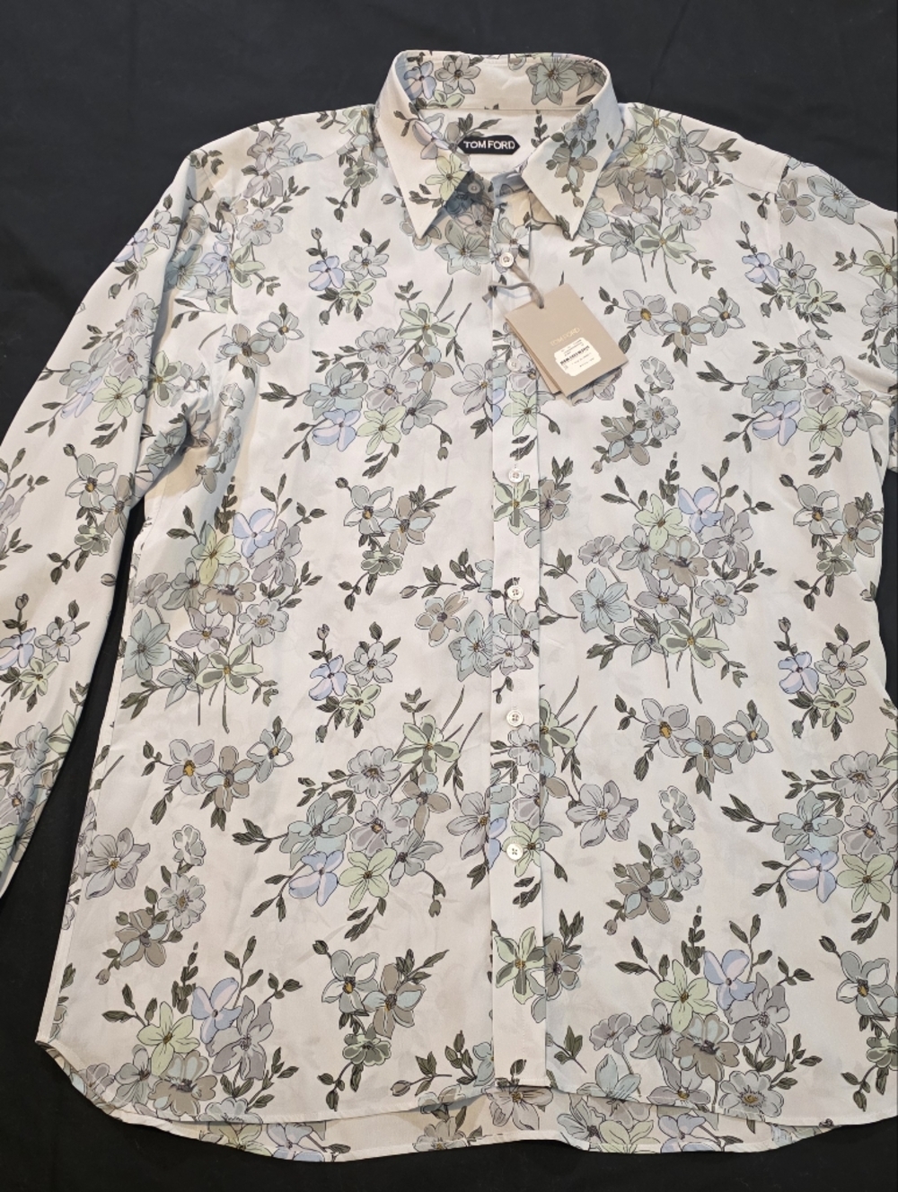 Tom Ford Silk Floral Button-Down Shirt with Pastel Blue Mens XL